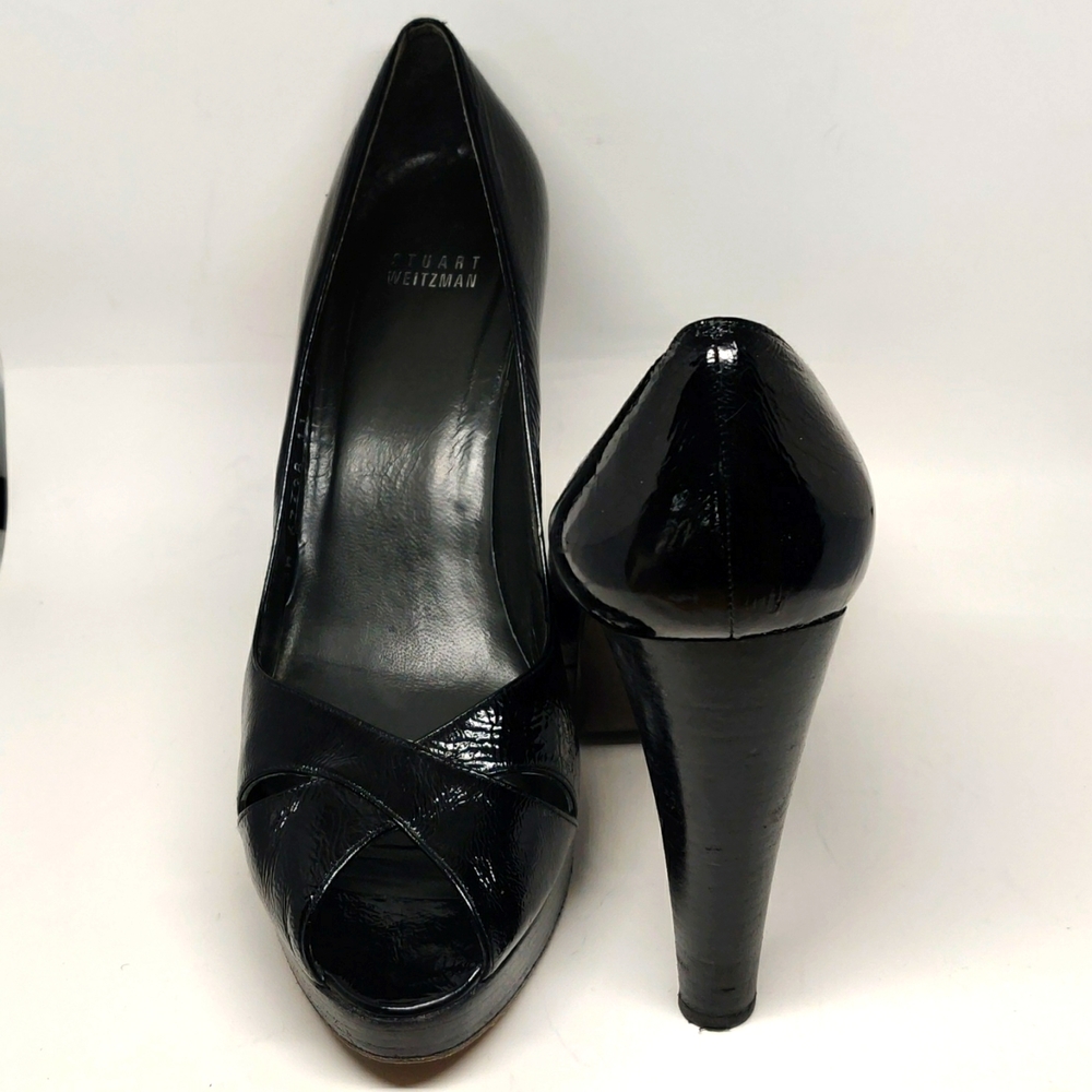 Stuart Weitzman 4.75" Black Patent Leather Heels Open Toe 1" Platform